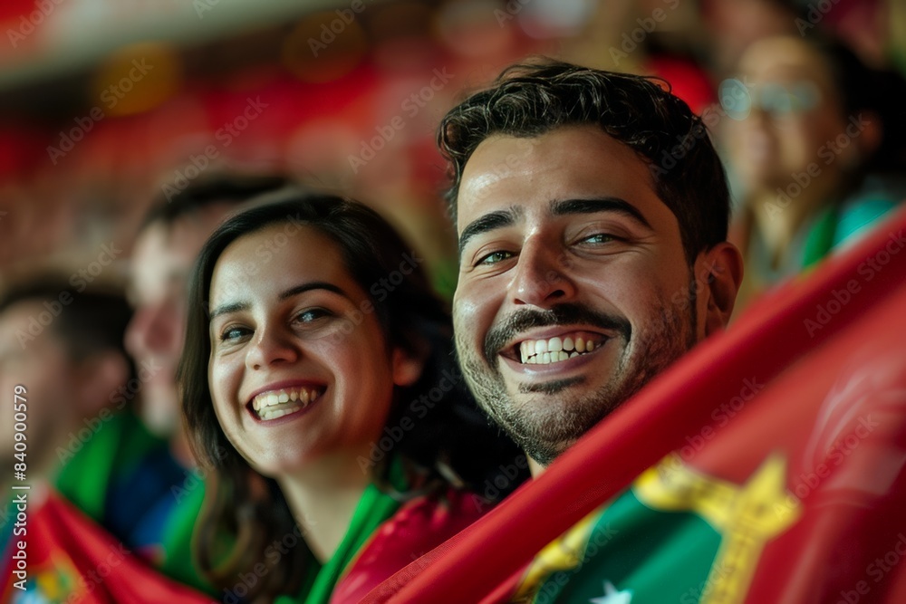 Fototapeta premium Enthusiastic couple with bright smiles, sharing a moment of joy while draped in the Portuguese flag at a sporting event