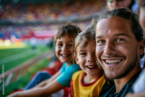 Father and kids share a joyful moment at a sports stadium, with vibrant colors and expressions of happiness