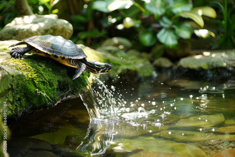 Obraz premium A turtle perched on a mossy rock beside a pond, with water splashing gently, creating a serene and natural scene....