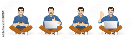 Young handsome man using laptop computer and phone sitting with crossed legs set. Isolated vector illustration