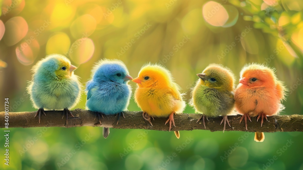 Naklejka premium A group of small birds perched on a branch