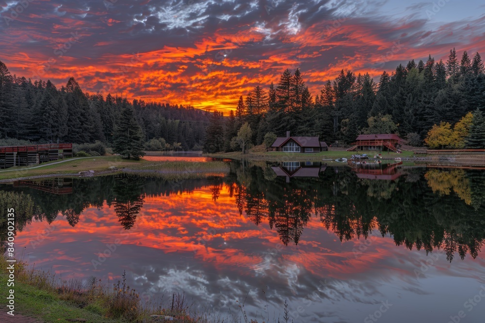 Obraz premium Tranquil mountain lake sunset ideal for wellness retreat ads with golden tones and peaceful ambiance