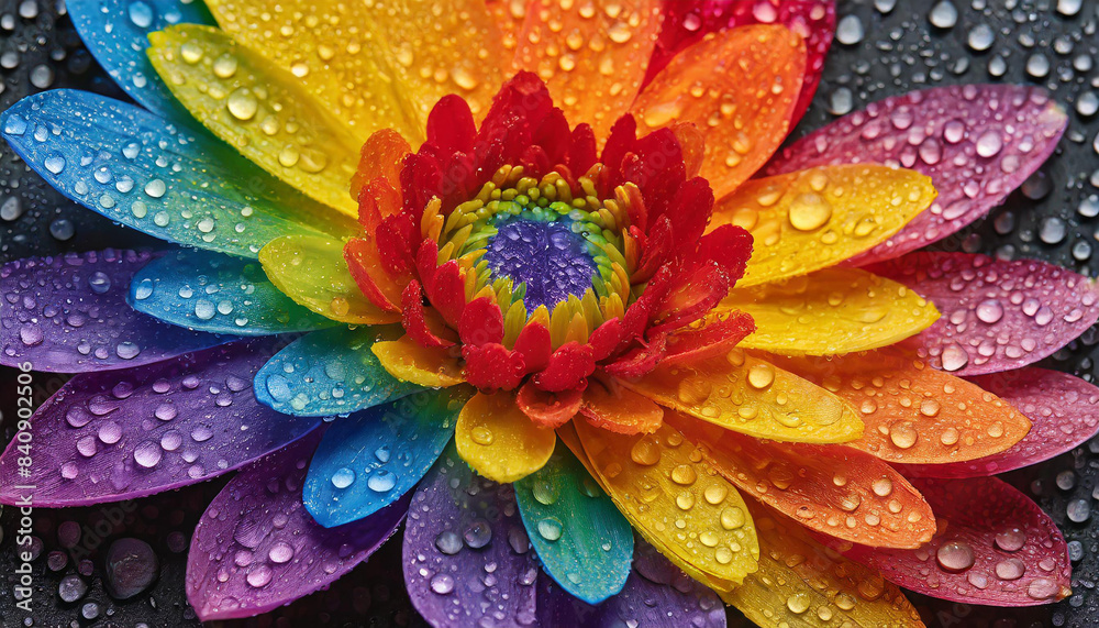macro close photo of a flower with water drops and petals painted in the colors of the lgbt flag and rainbow, abstract wallpaper background texture for product presentation, queer gay lgbtqia pride macro close photo of a flower with water drops and petals painted in the colors of the lgbt flag and rainbow, abstract wallpaper background texture for product presentation, queer gay lgbtqia pride
