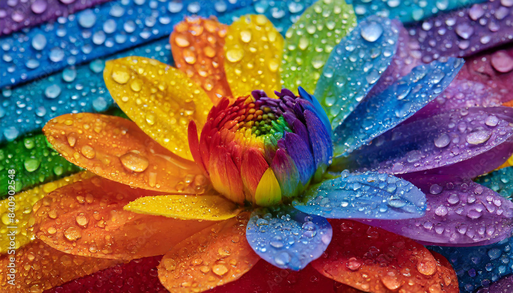 macro close photo of a flower with water drops and petals painted in the colors of the lgbt flag and rainbow, abstract wallpaper background texture for product presentation, queer gay lgbtqia pride 