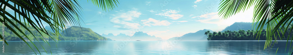 Fototapeta premium A beautiful blue ocean with palm trees in the background