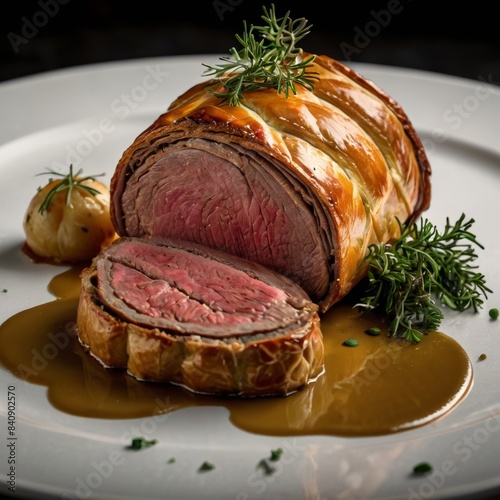 A succulent Beef Wellington served on a white plate, featuring perfectly cooked beef fillet encased in a golden, flaky pastry. The dish is garnished with herbs and accompanied by a rich red wine sauce
