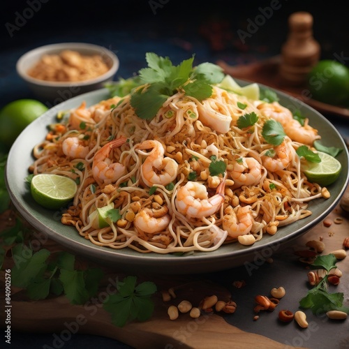 A classic Thai dish, Pad Thai, featuring stir-fried rice noodles with shrimp, tofu, eggs, and peanuts, garnished with fresh cilantro and lime wedges, served on a dark plate.