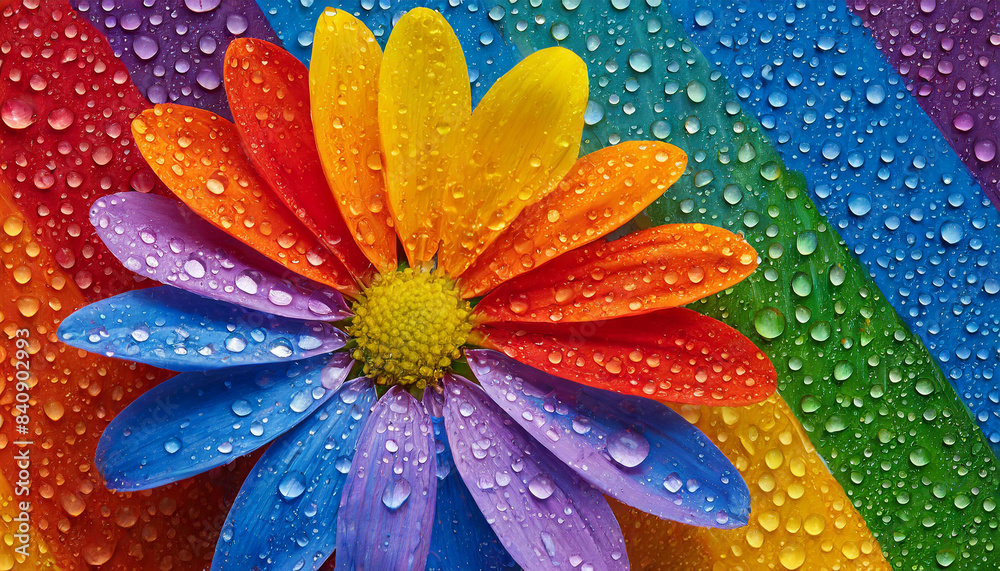 Obraz premium macro close photo of a flower with water drops and petals painted in the colors of the lgbt flag and rainbow, abstract wallpaper background texture for product presentation, queer gay lgbtqia pride 