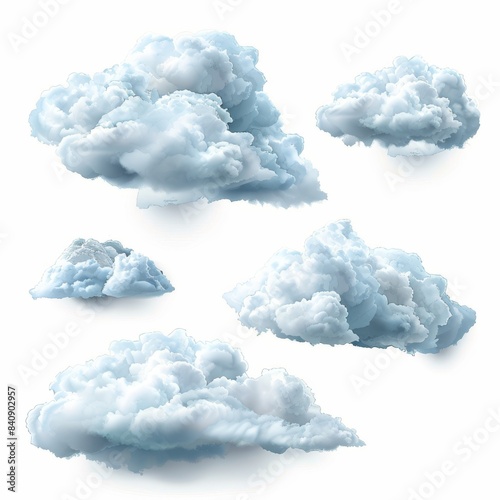 Cumulus clip art collection, 3d render, abstract fluffy clouds isolated on transparent background