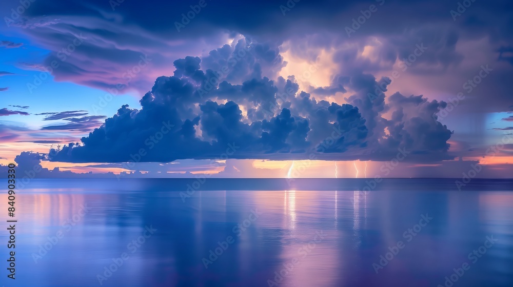 Thunderclouds loom over a tranquil ocean, lit by distant lightning, creating a captivating contrast.
