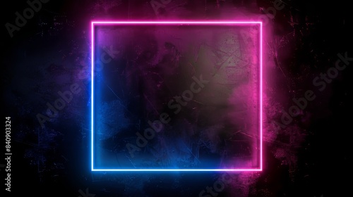 Futuristic showcase for product presentations. Abstract geometric background with neon square frame glowing with gradient lighting in the dark.