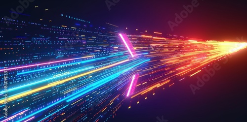 A 3D rendering of an abstract neon arrow turning right. A concept of speed and technology. A bokeh light and glowing pink lines surround the neon arrow. photo