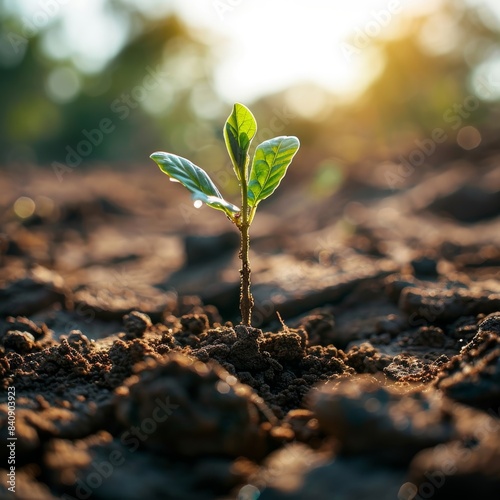 sprout growing in desert  plant growth  nature taking over  hope for the future  leaf  leaves  drought  rain  plant a tree  ecology  CSR  Company social responsability  forest  climate  Generative AI