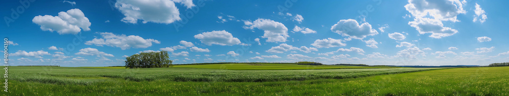 A large field with a few trees and a blue sky A large field with a few trees and a blue sky