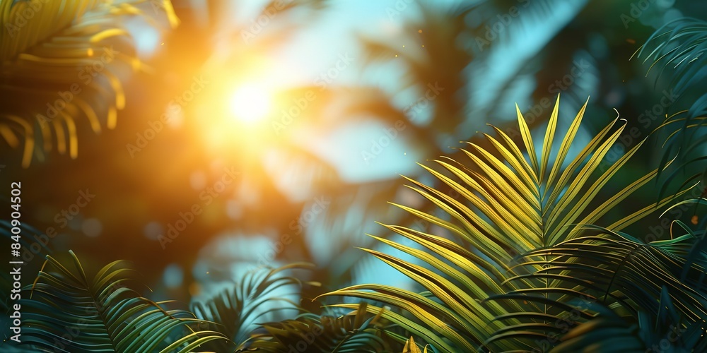 Coconut palm trees silhouettes on tropical beach at vivid sunset time. Concept of tourism, travel, recreation, summer vacation. Summer minimalistic background. Empty space for text