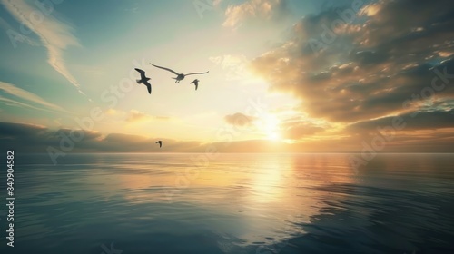 Seabirds fly on sea water and peaceful sky
