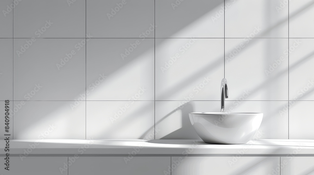 Fototapeta premium White vanity with ceramic sink and faucet in modern style bathroom with sunlight and shade.
