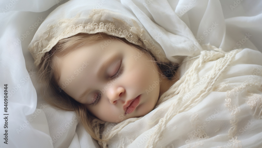 Cute female baby sleeping in white sheets and light background. Cute female baby sleeping in white sheets and light background.