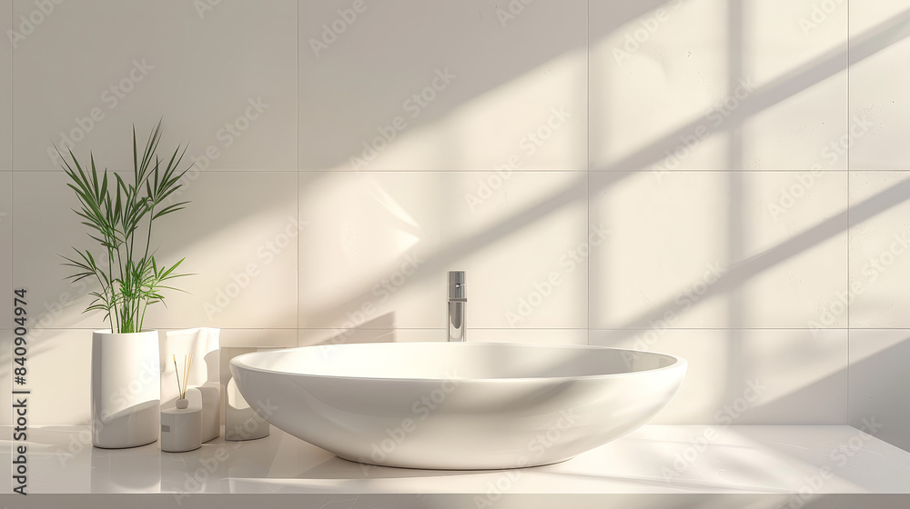 White vanity with ceramic sink and faucet in modern style bathroom with sunlight and shade. White vanity with ceramic sink and faucet in modern style bathroom with sunlight and shade.