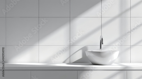 White vanity with ceramic sink and faucet in modern style bathroom with sunlight and shade.