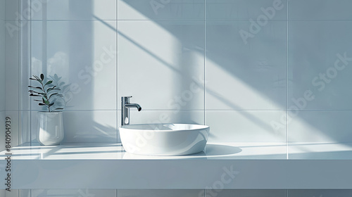 White vanity with ceramic sink and faucet in modern style bathroom with sunlight and shade.