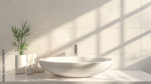 White vanity with ceramic sink and faucet in modern style bathroom with sunlight and shade.