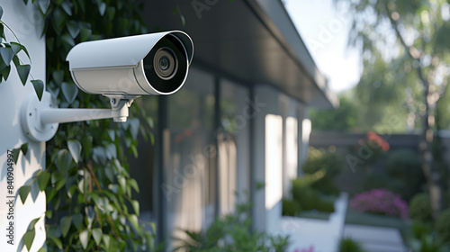 High-Tech Surveillance Camera Mounted On Wall For Garden Security