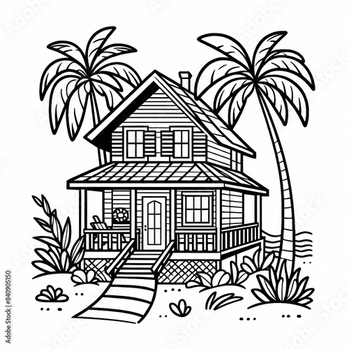 Tropical Beach House Coloring Page