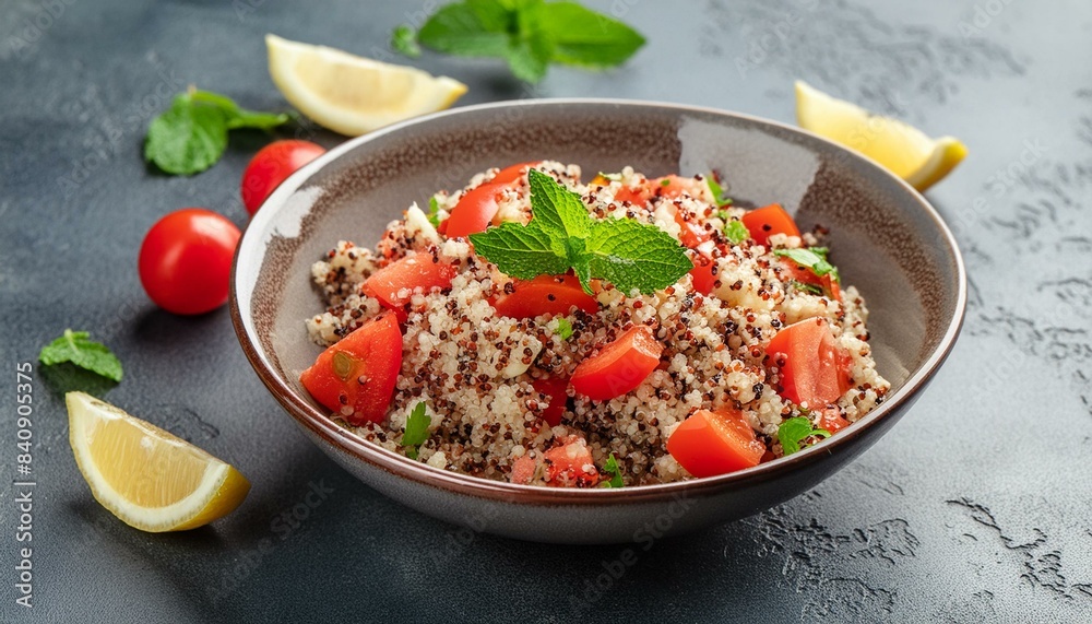 Red and white quinoa tabbouleh salad with tomatoes, paprika and mint. Vegetarian, vegan food concept Red and white quinoa tabbouleh salad with tomatoes, paprika and mint. Vegetarian, vegan food concept
