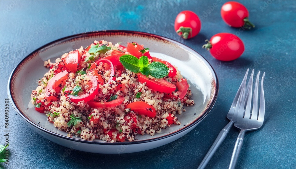 Red and white quinoa tabbouleh salad with tomatoes, paprika and mint. Vegetarian, vegan food concept Red and white quinoa tabbouleh salad with tomatoes, paprika and mint. Vegetarian, vegan food concept