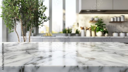 Modern Kitchen Interior with Marble Countertop and Green Plants  Generative AI