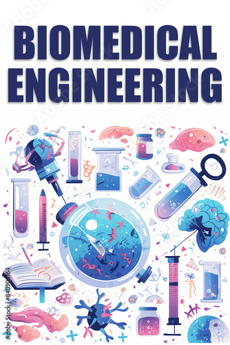 Biomedical Engineering Illustration Featuring Laboratory Equipment and Biomolecules