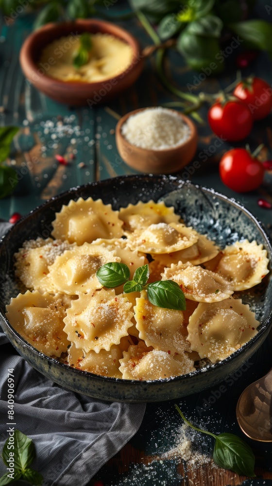 Bowl of ravioli with basil and grated cheese on wooden table. Rustic food photography. Italian cuisine and pasta concept. Bowl of ravioli with basil and grated cheese on wooden table. Rustic food photography. Italian cuisine and pasta concept.