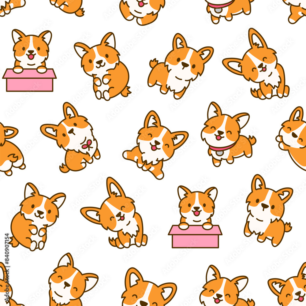 Cute kawaii corgi dog. Seamless pattern. Funny puppy cartoon animal characters. Hand drawn style. Vector drawing. Design ornaments.