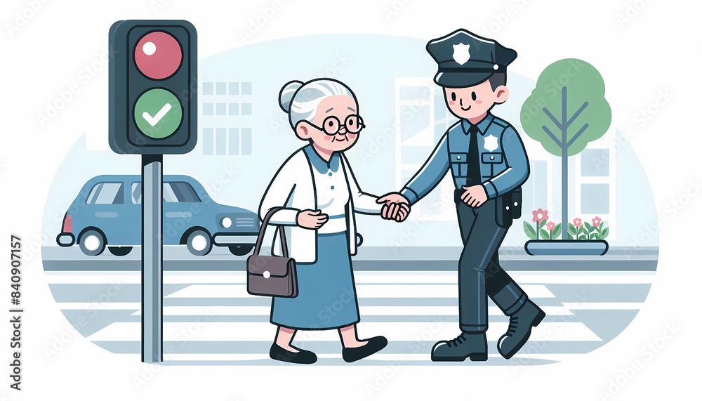 Police Assistance Elderly Crossing Street