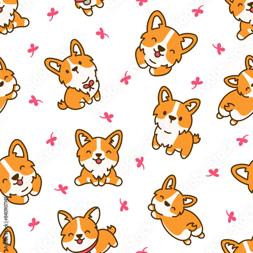 Cute kawaii corgi dog. Seamless pattern. Funny puppy cartoon animal characters. Hand drawn style. Vector drawing. Design ornaments.