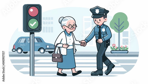 Obraz na płótnie Police Assistance Elderly Crossing Street w salonie