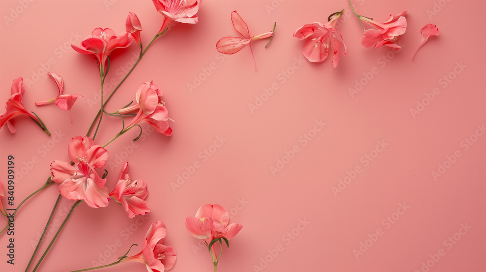 Beautiful flower branches and buds on one colored floral plain background