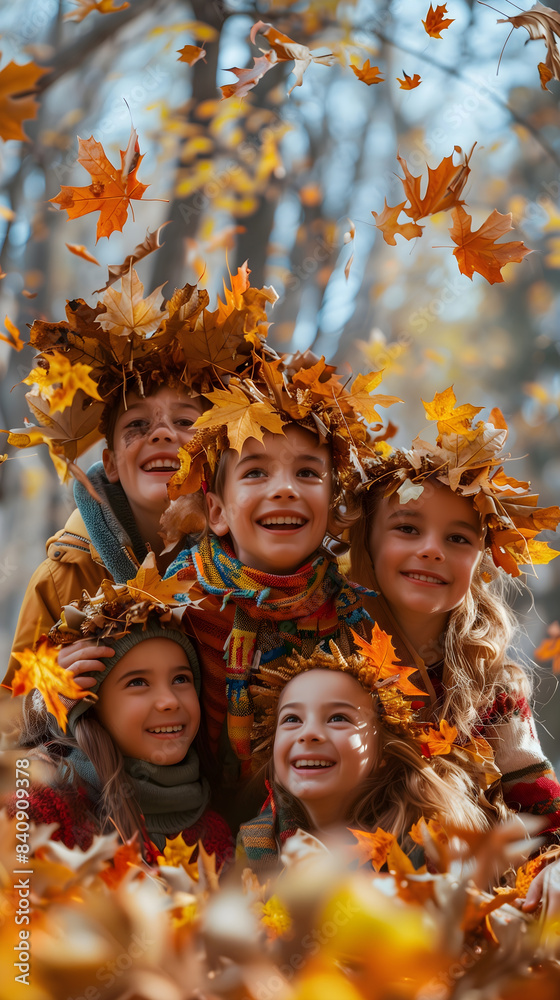 Group of children and girls receive autumn with child games playing with costumes of tree leaves
