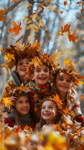 Obraz na płótnie Group of children and girls receive autumn with child games playing with costumes of tree leaves w salonie