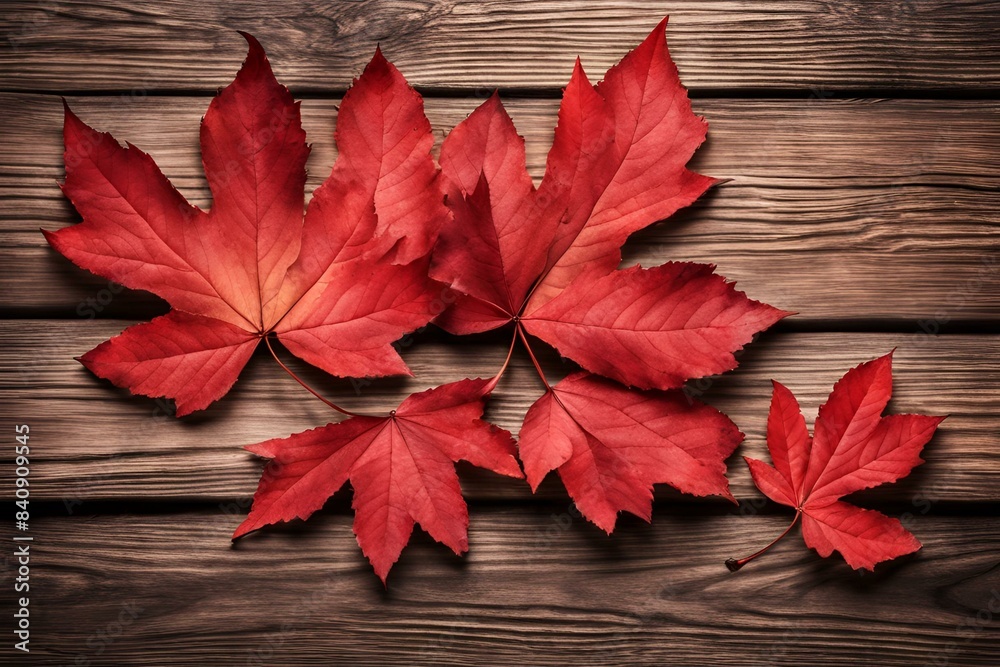 Obraz premium Autumn leaves on wooden background, vibrant red and orange foliage, fall season decor, natural wood texture, seasonal design, colorful leaf arrangement, nature-inspired backdrop, cozy autumn