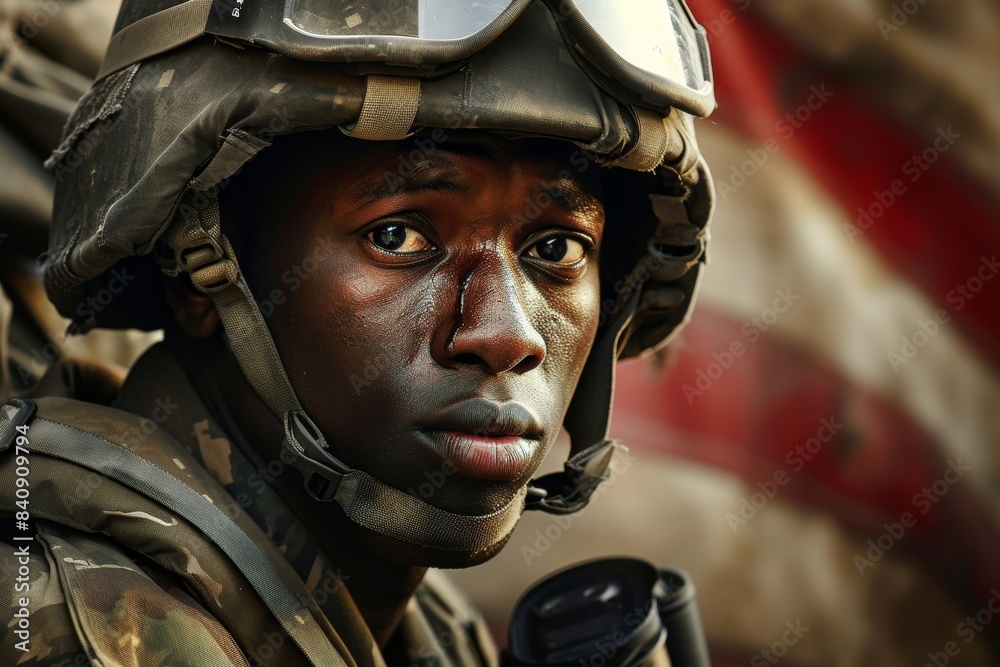young black american soldier in front of the flag, USA flag, union flag, veterans from the war, soldier in uniform, golf war, american army, GI, Generative AI young black american soldier in front of the flag, USA flag, union flag, veterans from the war, soldier in uniform, golf war, american army, GI, Generative AI