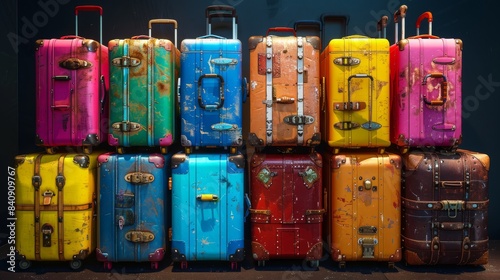 Colorful Vintage Suitcases Stacked in Rows. Stack of colorful vintage suitcases with wear and tear, arranged in neat rows against a dark background.