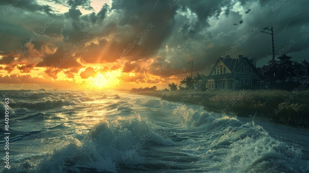 Dramatic Coastal Storm at Sunset. Powerful coastal storm with crashing waves, dark clouds, and a vibrant sunset near a house by the shore. Dramatic Coastal Storm at Sunset. Powerful coastal storm with crashing waves, dark clouds, and a vibrant sunset near a house by the shore.