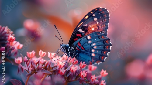A beautiful butterfly with blue and red patterns sits on pink flowers, with a soft focused and colorful background