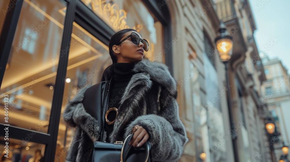 A model with an opulent fur coat and elegant
