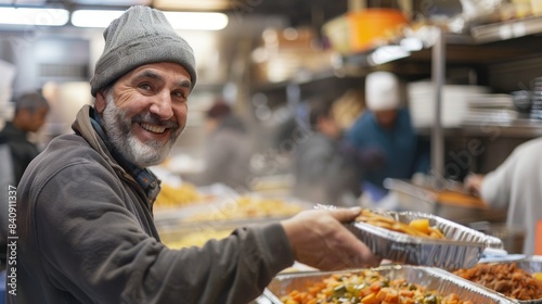 Cheerful man with a beanie serving a variety of food at a crowded event  with a focus on community service