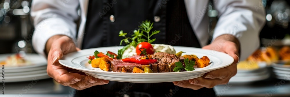 Naklejka premium Waiter expertly balances meat dishes at lively party in elegant restaurant setting