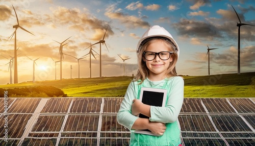 Girl with solar panel, solar panel, energy save