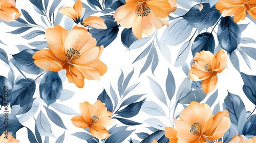 Art floral vector seamless pattern. Orange flowers isolated on white background. Deep blue and beige leaves  light blue transparent overlays leaves. For fabric  home and kitchen textile  paper. 